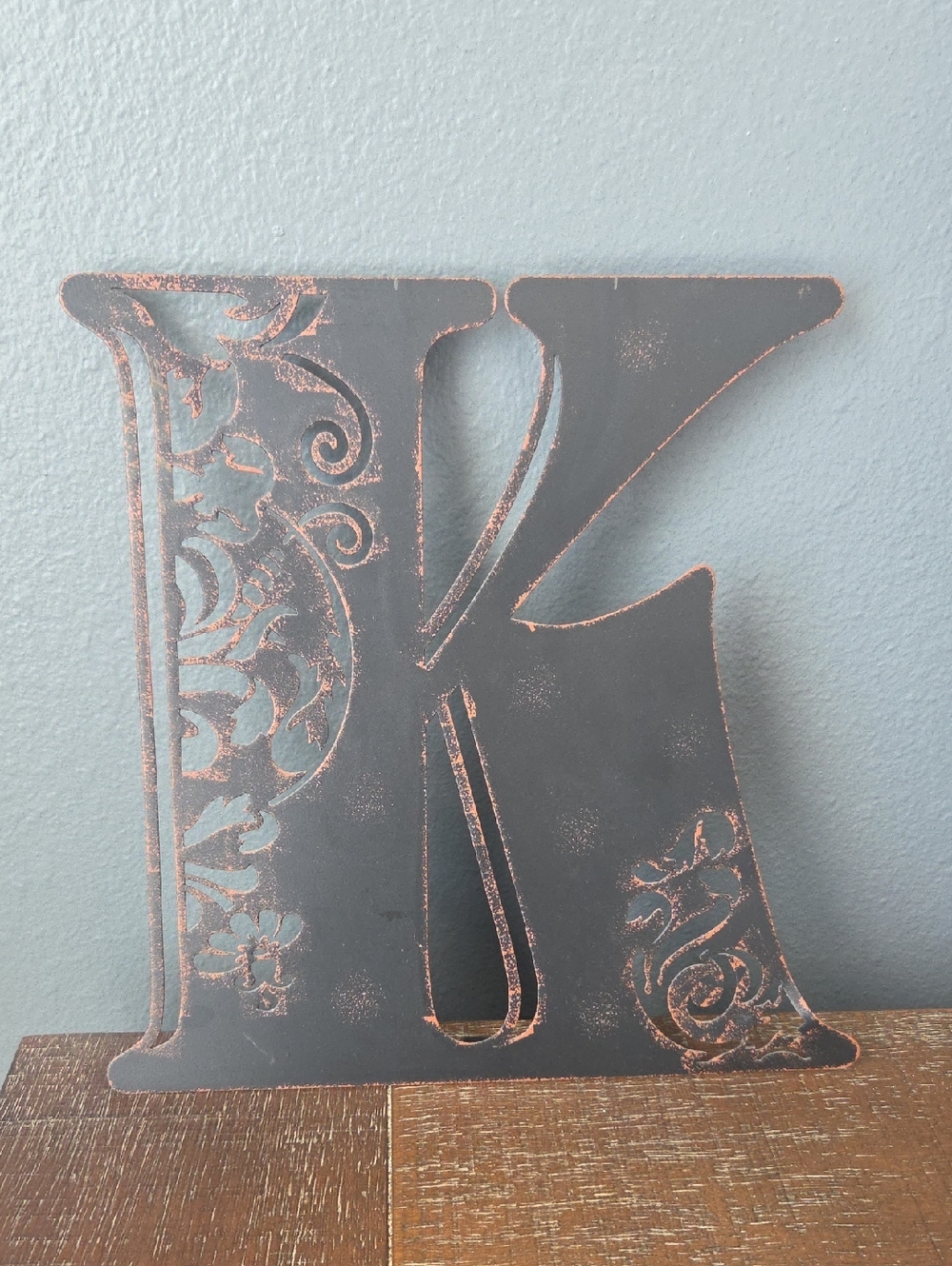 Decorative Letter K Metal Wall Art Distressed Black/Brown with Copper Accents
